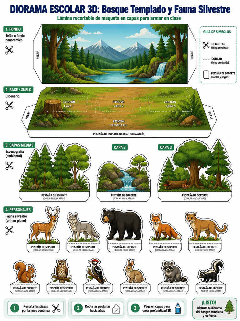 Bosque Templado y Fauna Silvestre: Diorama 3D Recortable — imagen 1 de 1