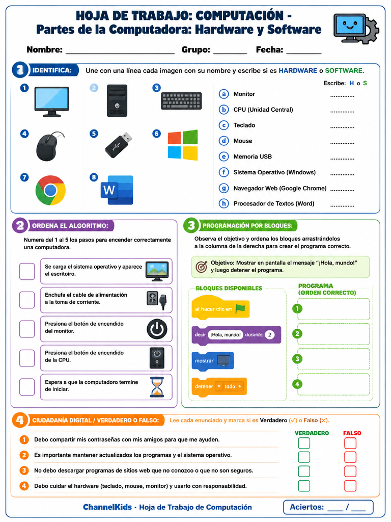 Hoja de Computación: Partes de la Computadora: Hardware y Software — imagen 1 de 1