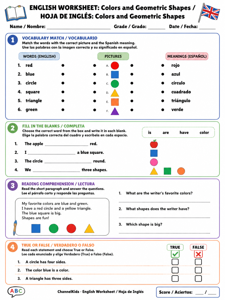 English Worksheet: Colors and Geometric Shapes — imagen 1 de 1