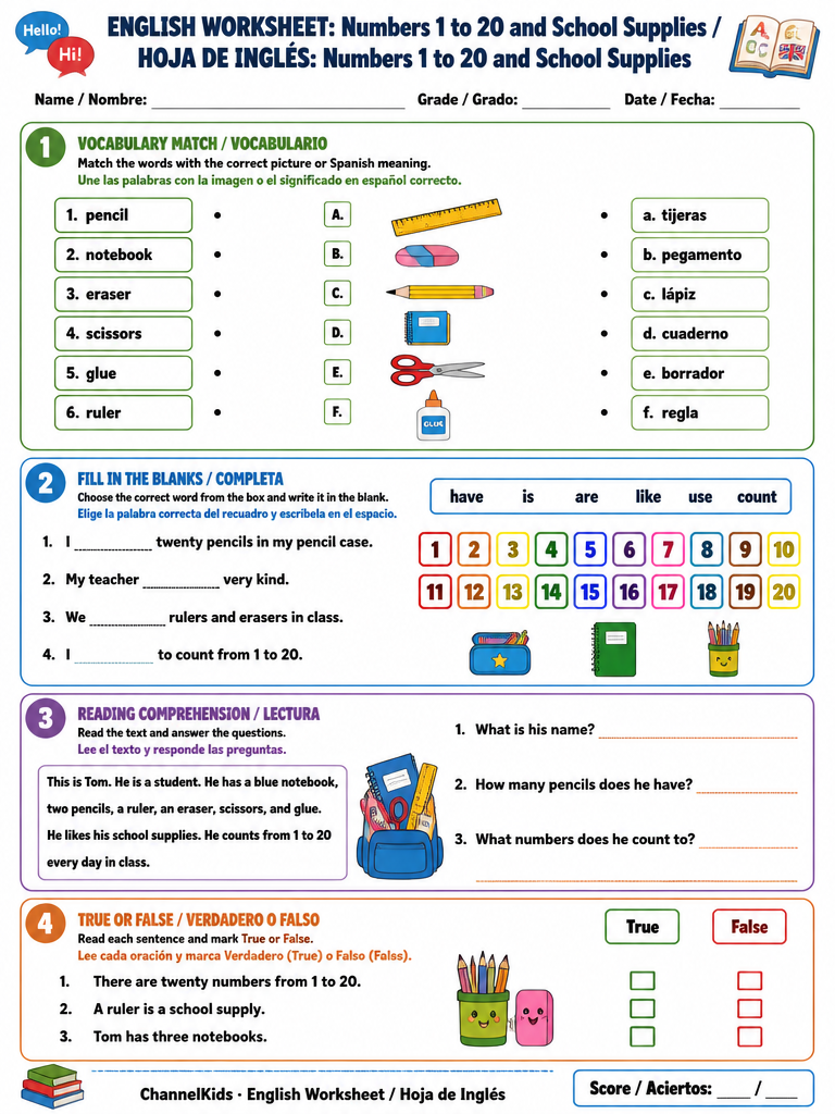 English Worksheet: Numbers 1 to 20 and School Supplies — imagen 1 de 1