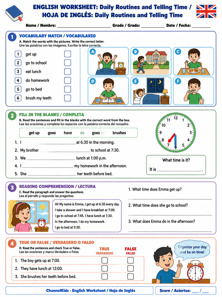 English Worksheet: Daily Routines and Telling Time — imagen 1 de 1