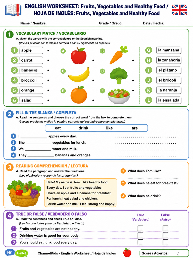 English Worksheet: Fruits, Vegetables and Healthy Food — imagen 1 de 1