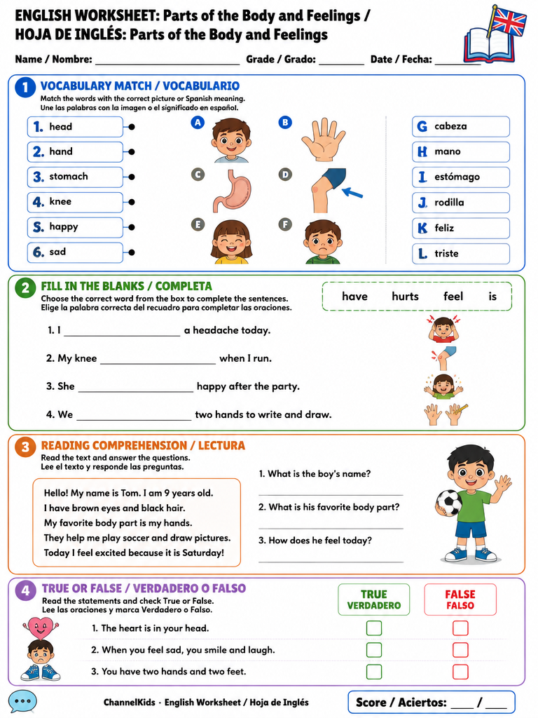 English Worksheet: Parts of the Body and Feelings — imagen 1 de 1