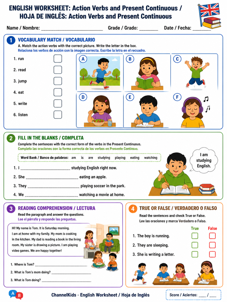 English Worksheet: Action Verbs and Present Continuous — imagen 1 de 1