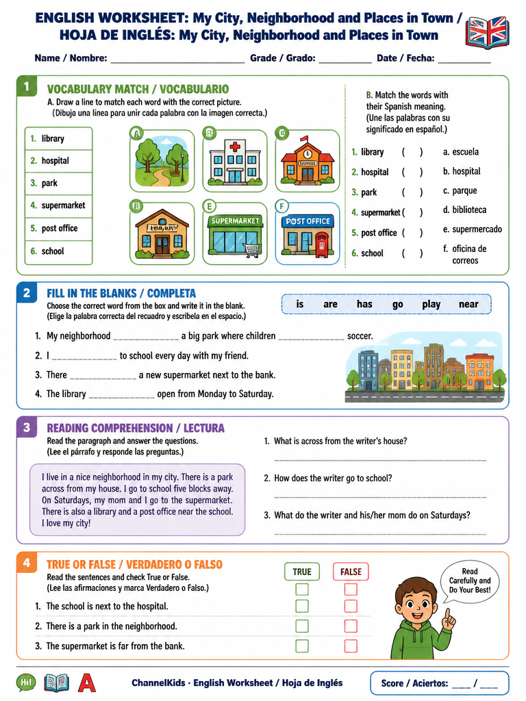 English Worksheet: My City, Neighborhood and Places in Town — imagen 1 de 1