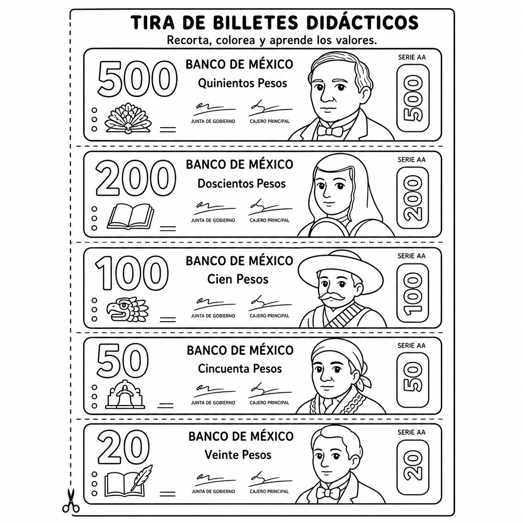 tira de billetes didácticos para imprimir mexicanos