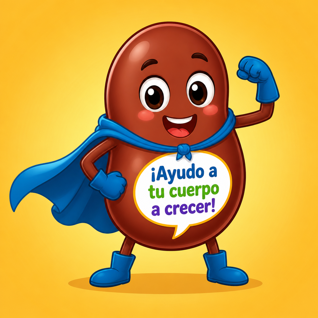 un frijol o un huevo con capa de superhéroe que diga: “¡Ayudo a tu cuerpo a crec