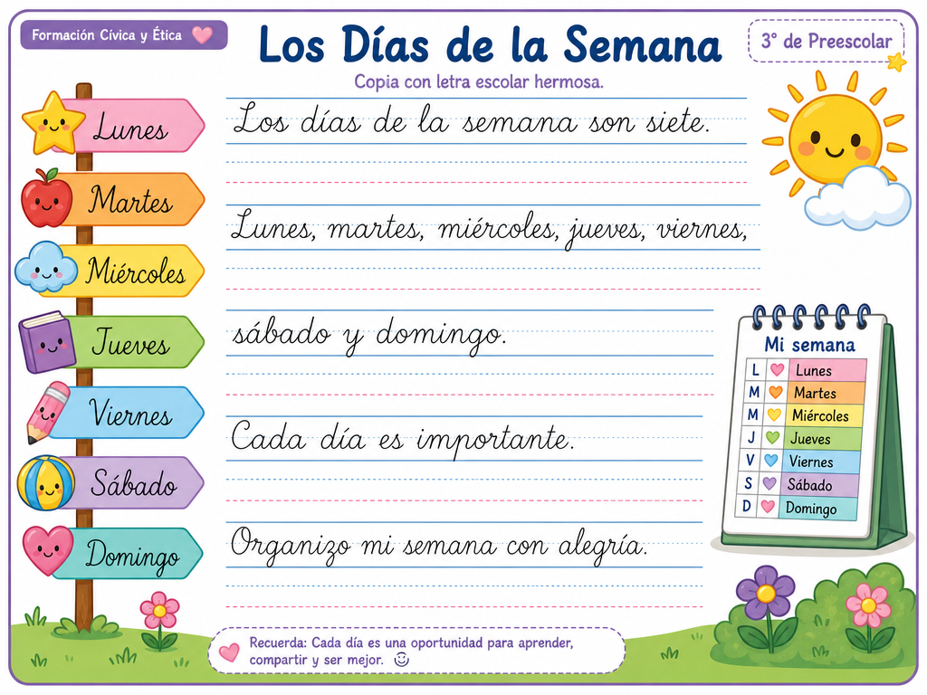 Los Días de la Semana con Letra Escolar Hermosa