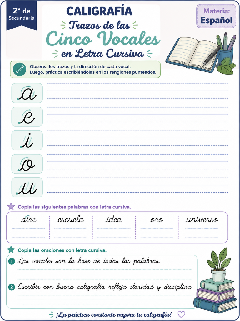 Trazos de las Cinco Vocales en Letra Cursiva