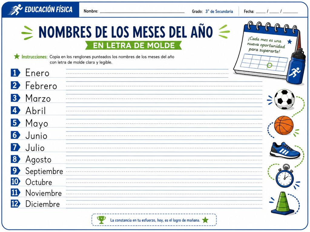 Nombres de los Meses del Año en Letra de Molde
