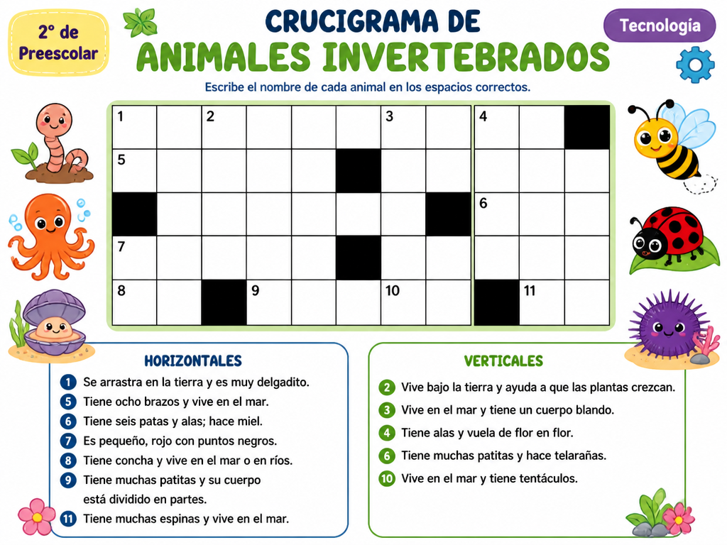Crucigrama de Animales Invertebrados