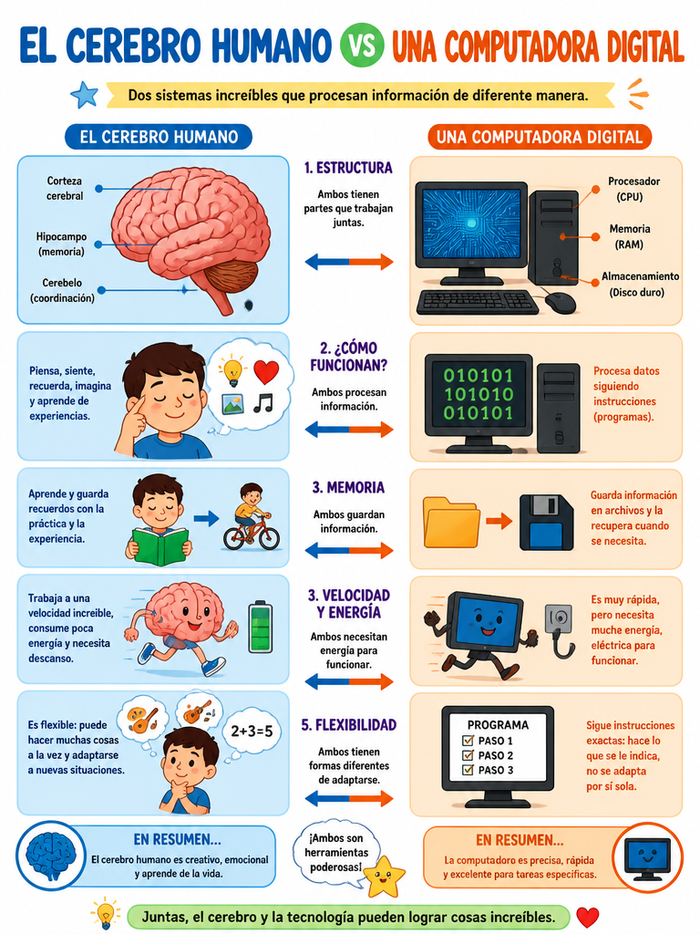 Esquema Visual: El Cerebro Humano vs Una Computadora Digital