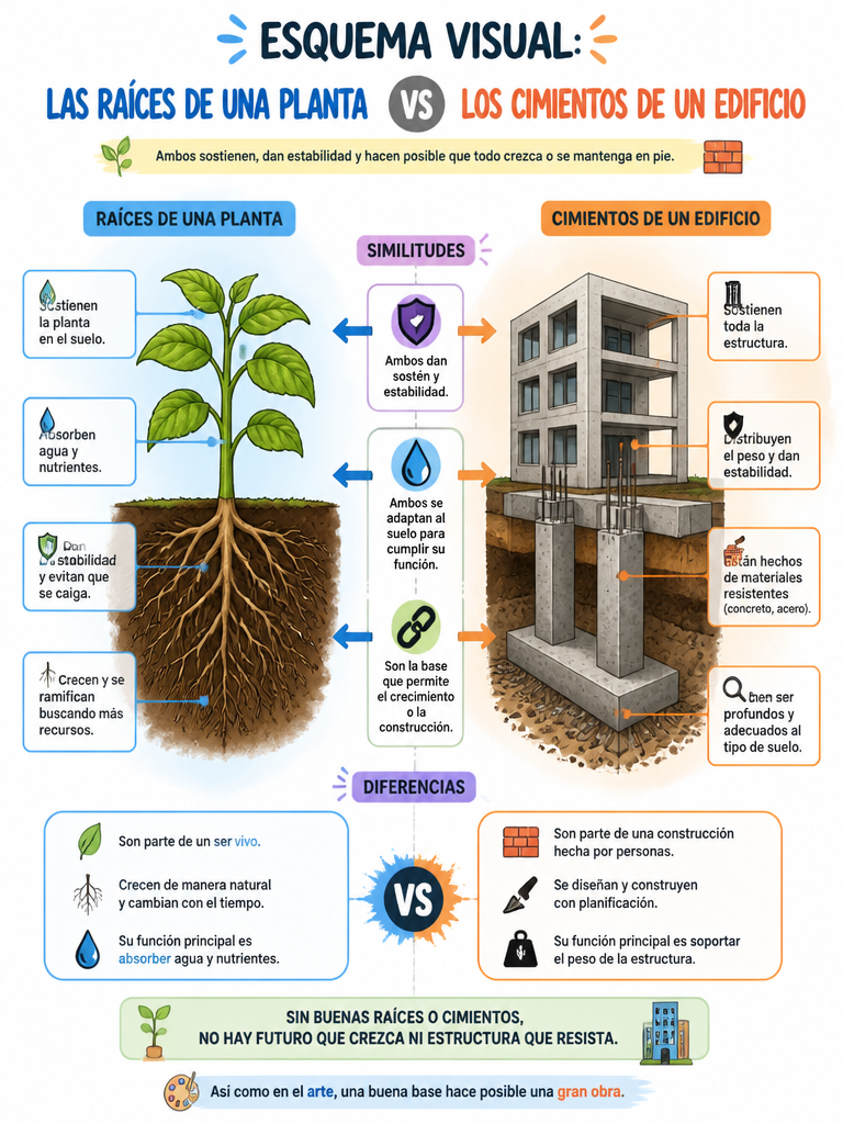 Esquema Visual: Las Raíces de una Planta vs Los Cimientos de un Edificio