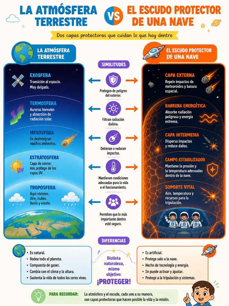 Esquema Visual: La Atmósfera Terrestre vs El Escudo Protector de una Nave