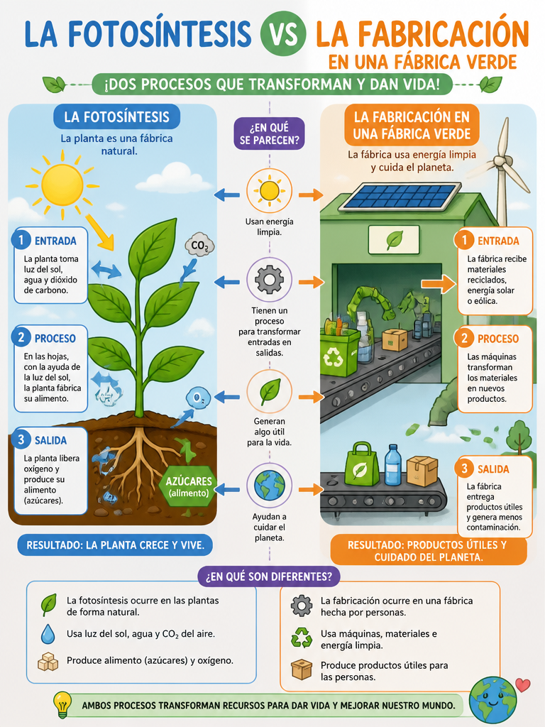 Esquema Visual: La Fotosíntesis vs La Fabricación en una Fábrica Verde