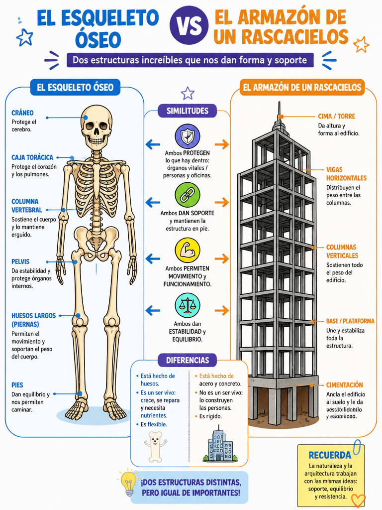 Esquema Visual: El Esqueleto Óseo vs El Armazón de un Rascacielos