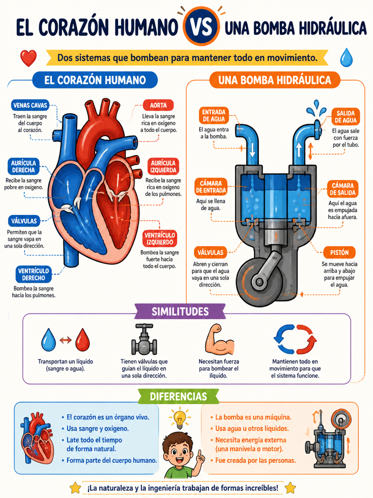 Esquema Visual: El Corazón Humano vs Una Bomba Hidráulica