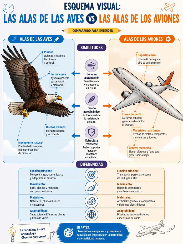 Esquema Visual: Las Alas de las Aves vs Las Alas de los Aviones