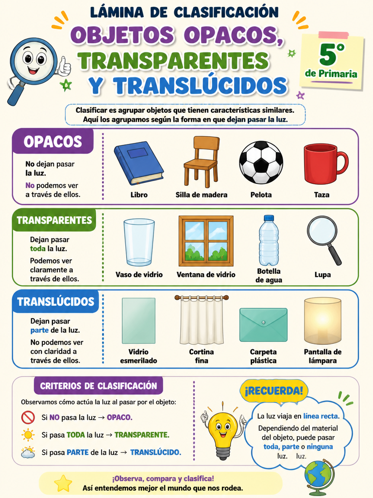 Lámina de Clasificación: Objetos Opacos, Transparentes y Translúcidos