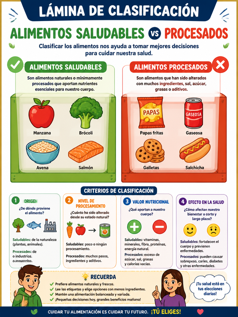 Lámina de Clasificación: Alimentos Saludables vs Procesados
