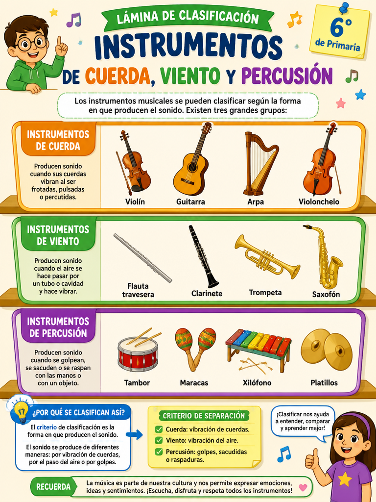 Lámina de Clasificación: Instrumentos de Cuerda, Viento y Percusión