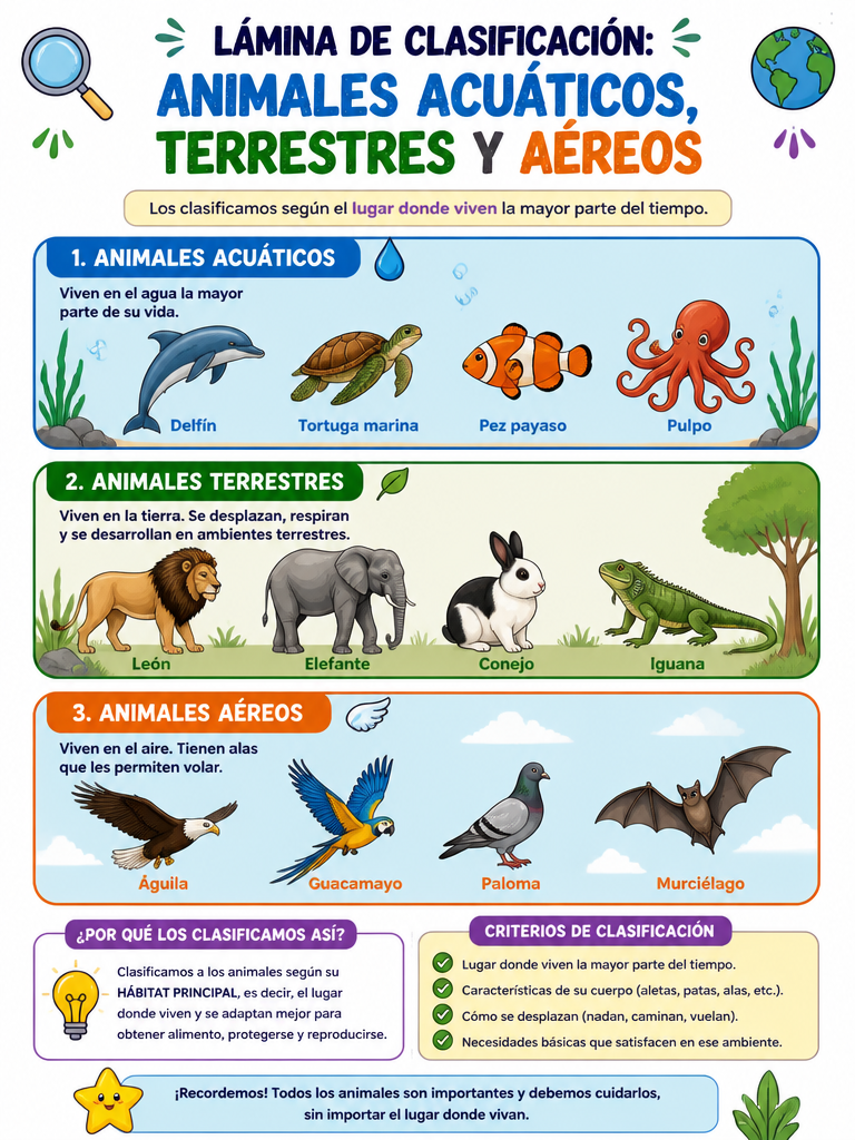 Lámina de Clasificación: Animales Acuáticos, Terrestres y Aéreos