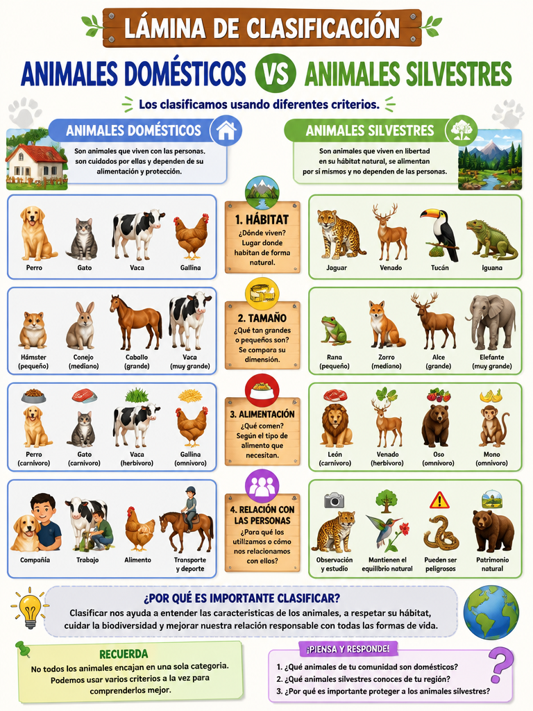 Lámina de Clasificación: Animales Domésticos vs Animales Silvestres
