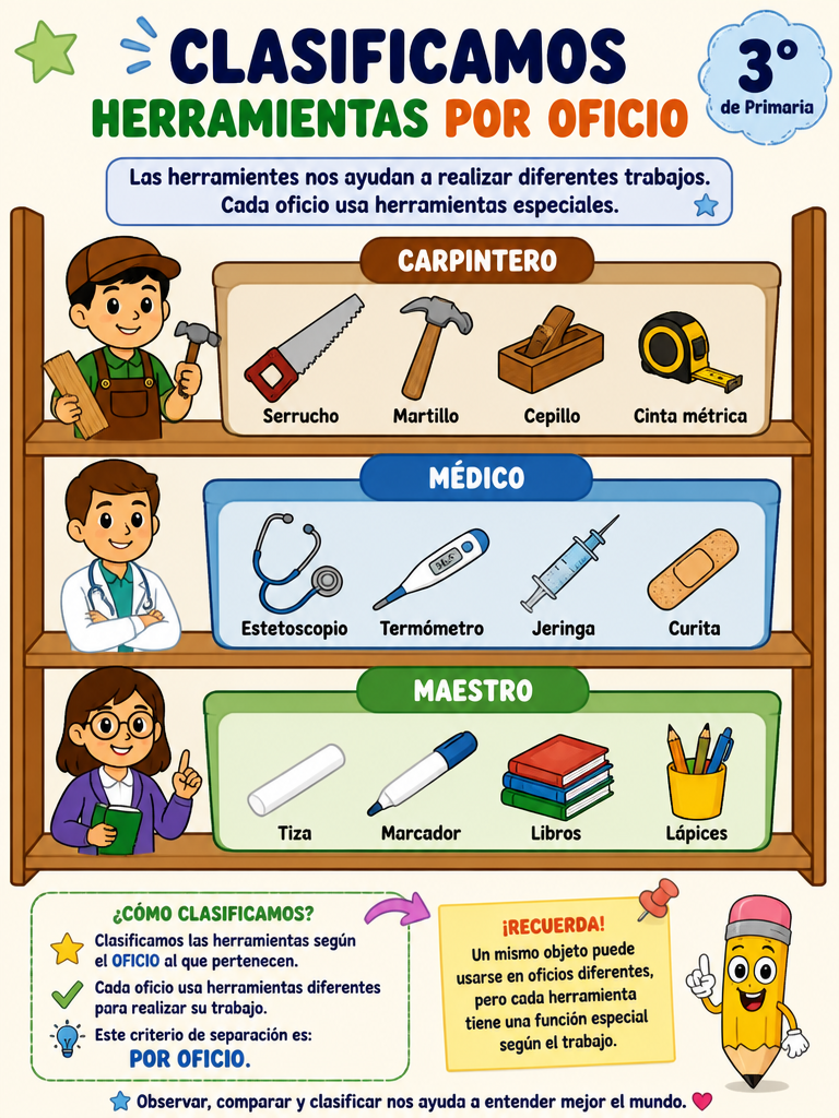 Lámina de Clasificación: Herramientas por Oficio: Carpintero, Médico, Maestro
