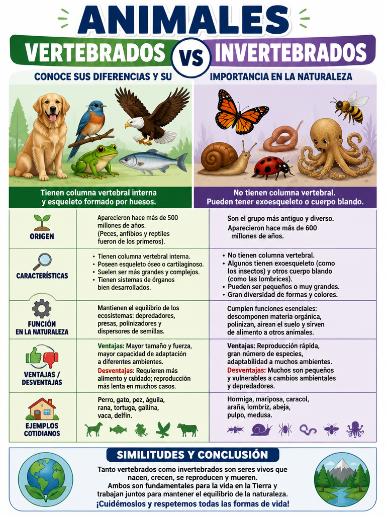 Animales Vertebrados vs Invertebrados