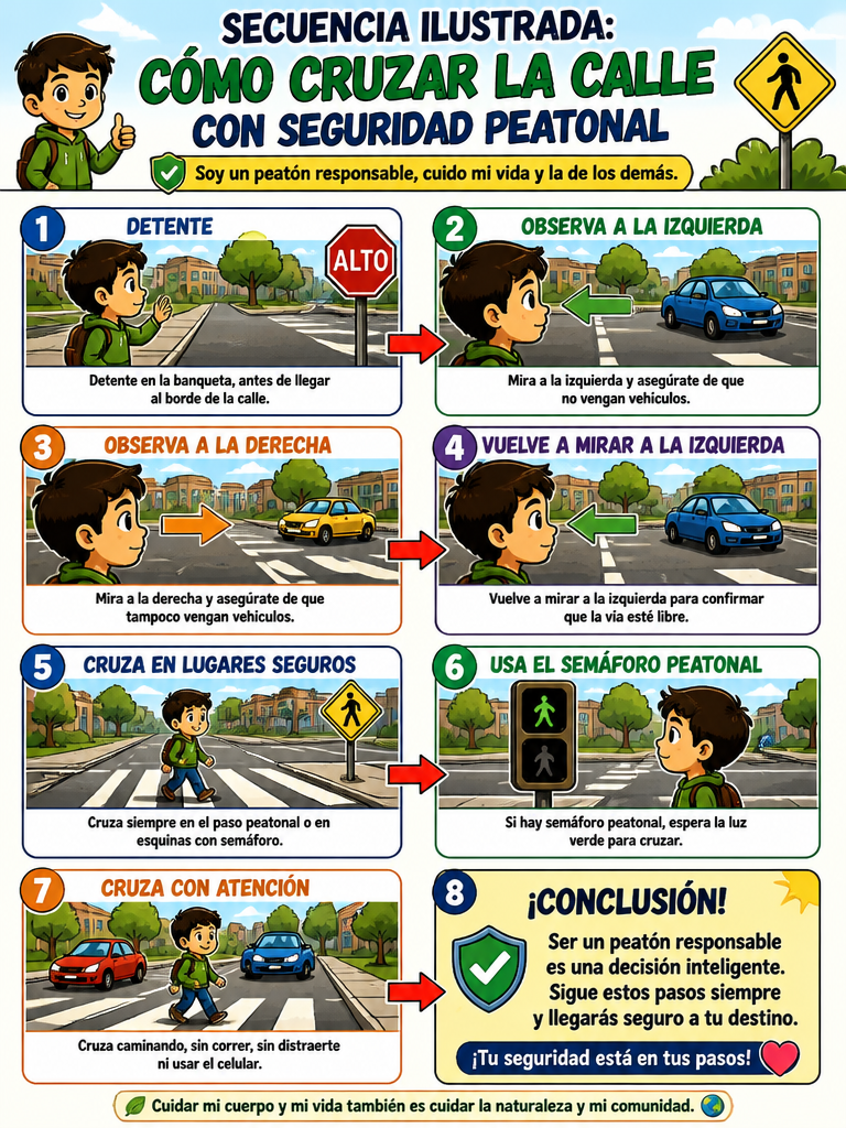 Secuencia Ilustrada: Cómo Cruzar la Calle con Seguridad Peatonal