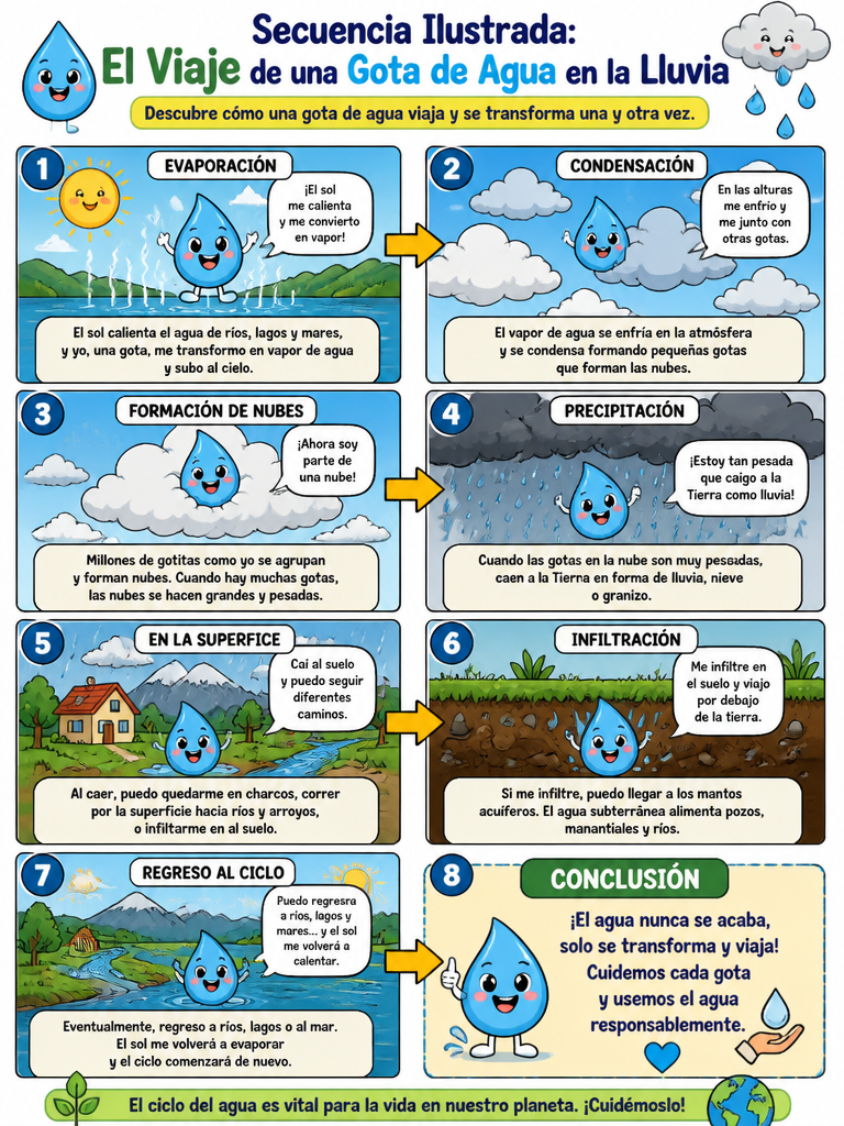 Secuencia Ilustrada: El Viaje de una Gota de Agua en la Lluvia