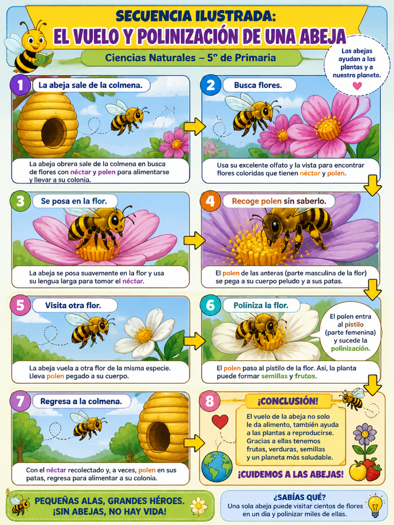 Secuencia Ilustrada: El Vuelo y Polinización de una Abeja