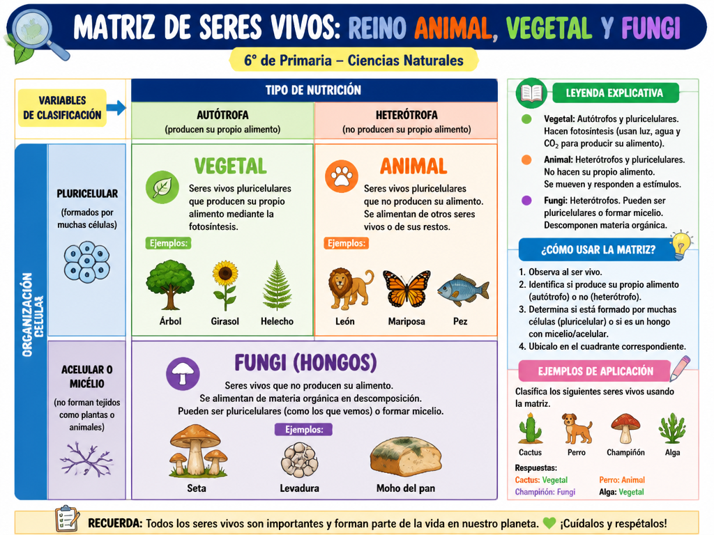 Matriz de Seres Vivos: Reino Animal, Vegetal y Fungi