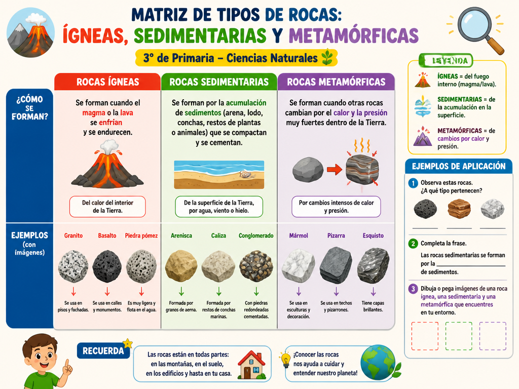 Matriz de Tipos de Rocas: Ígneas, Sedimentarias y Metamórficas