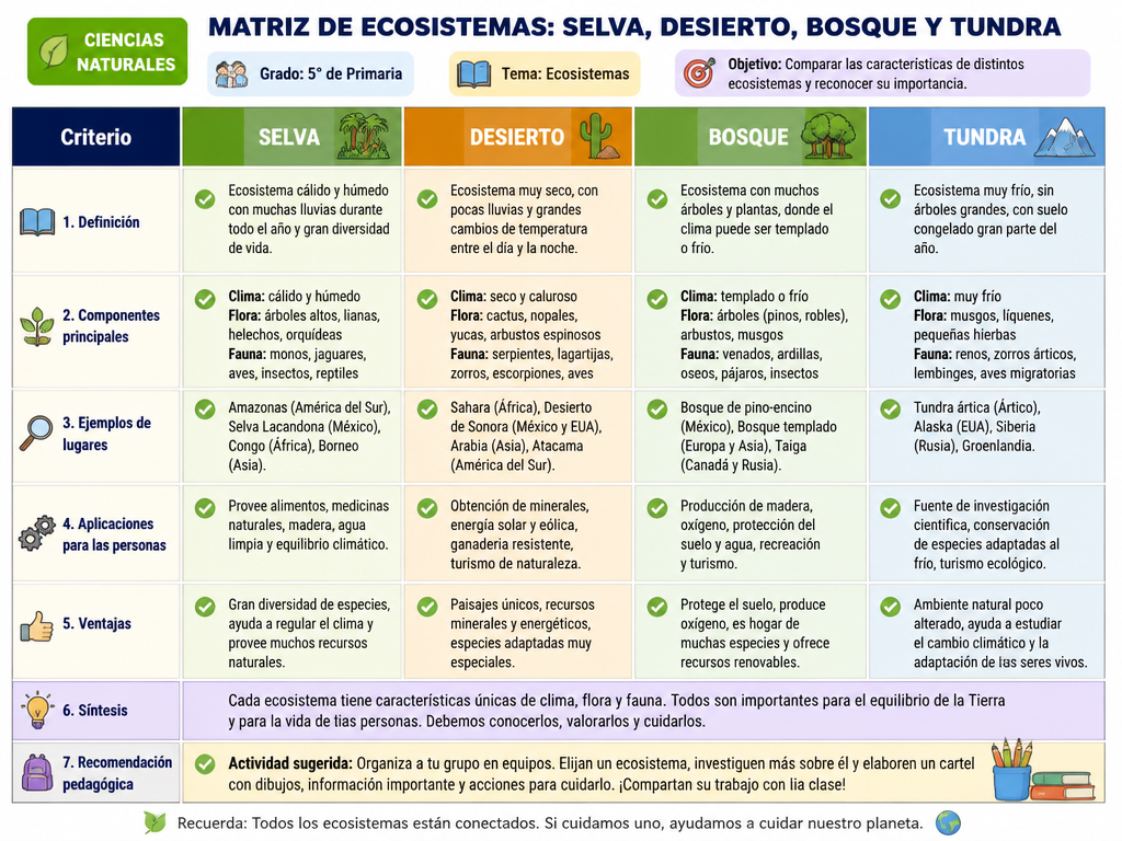 Matriz de Ecosistemas: Selva, Desierto, Bosque y Tundra