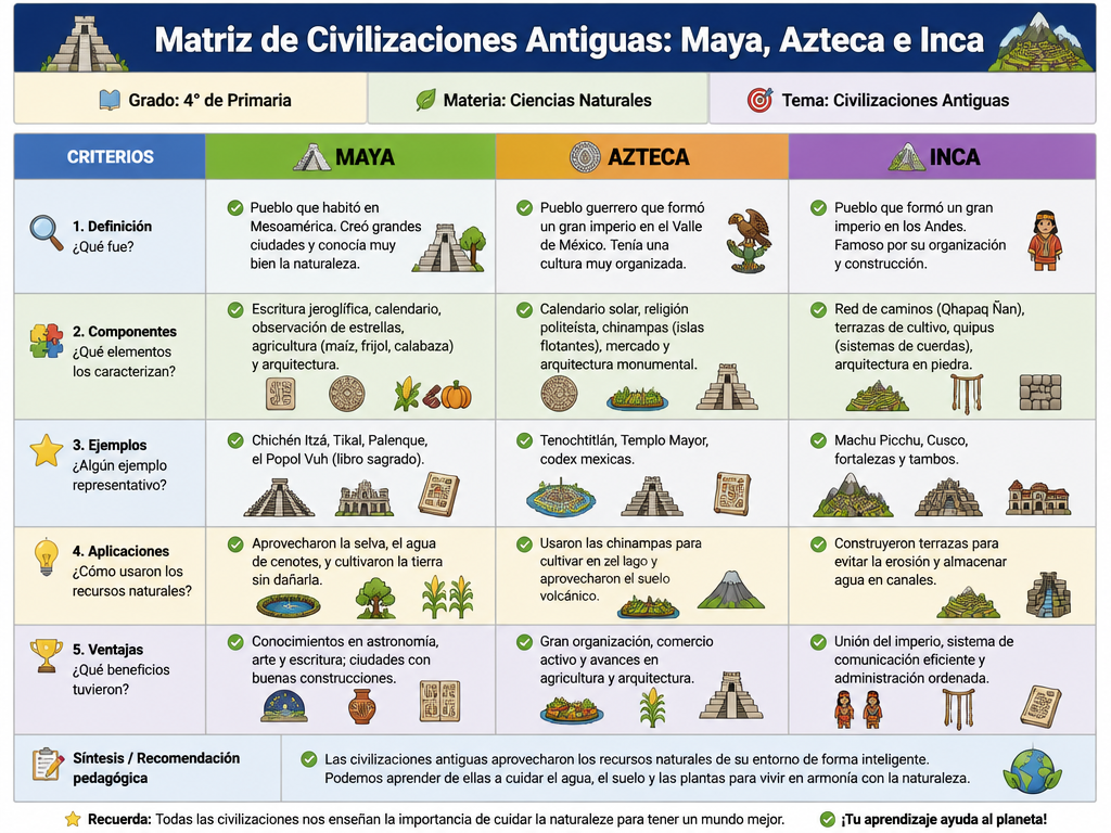 Matriz de Civilizaciones Antiguas: Maya, Azteca e Inca