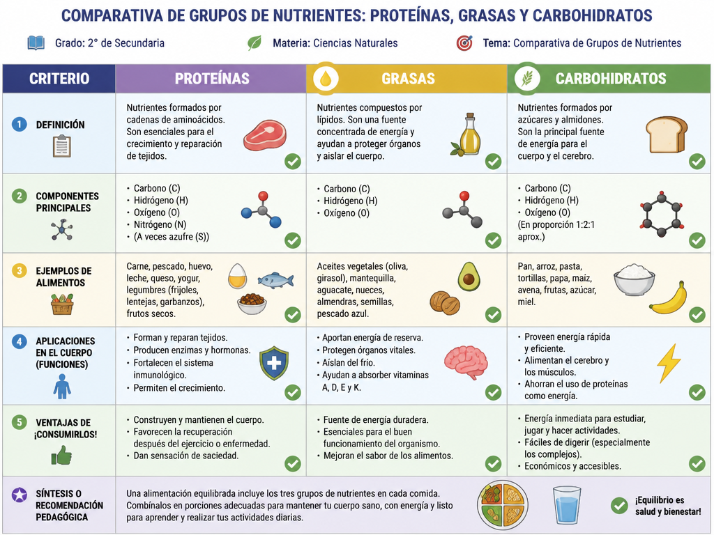 Comparativa de Grupos de Nutrientes: Proteínas, Grasas y Carbohidratos
