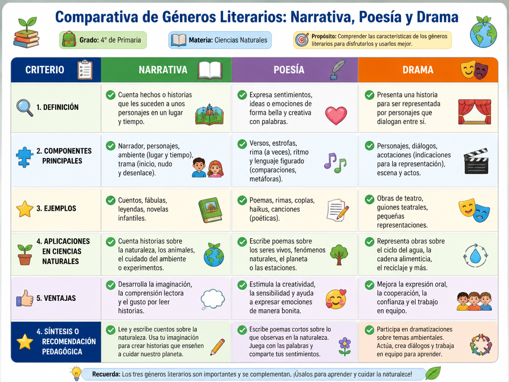 Comparativa de Géneros Literarios: Narrativa, Poesía y Drama
