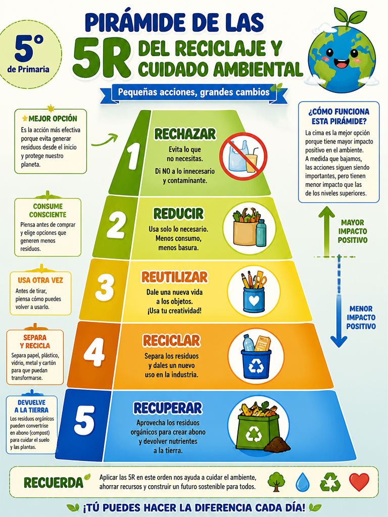Pirámide de las 5R del Reciclaje y Cuidado Ambiental
