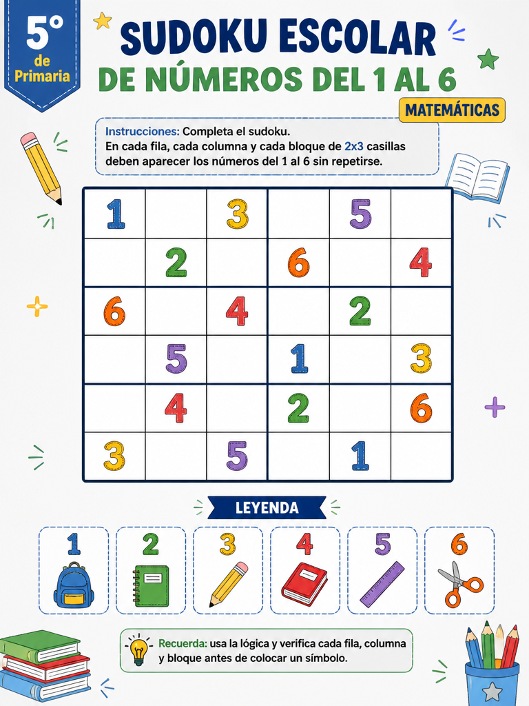 Sudoku Escolar de Números del 1 al 6