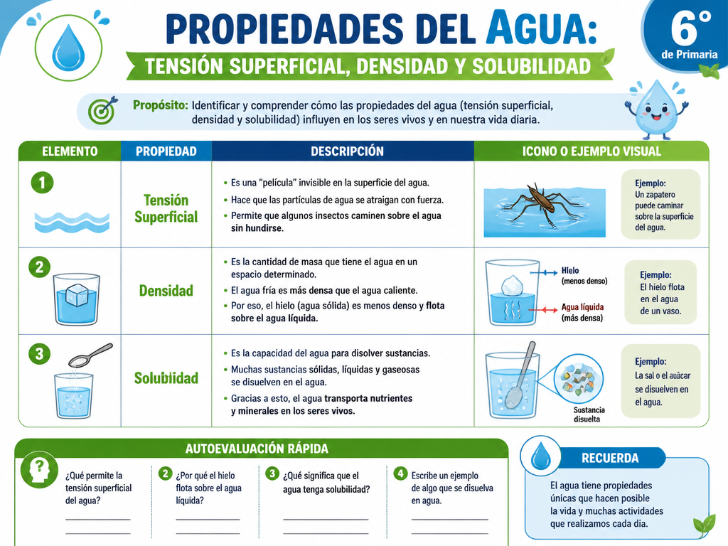 Propiedades del Agua: Tensión Superficial, Densidad y Solubilidad