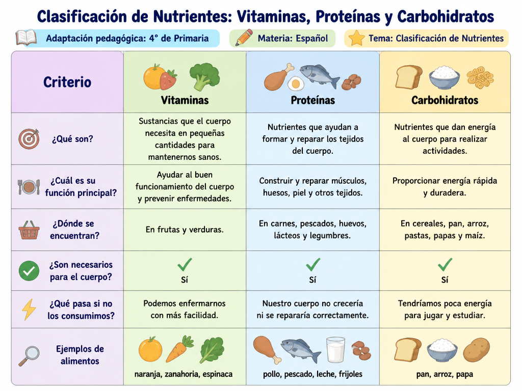 Clasificación de Nutrientes: Vitaminas, Proteínas y Carbohidratos