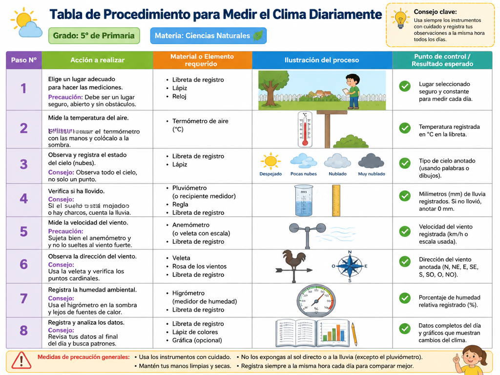 Tabla de Procedimiento para Medir el Clima Diariamente
