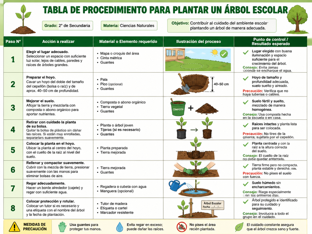 Tabla de Procedimiento para Plantar un Árbol Escolar