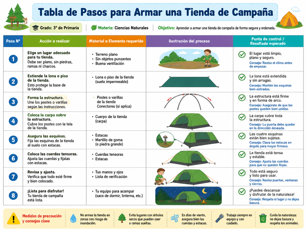 Tabla de Pasos para Armar una Tienda de Campaña