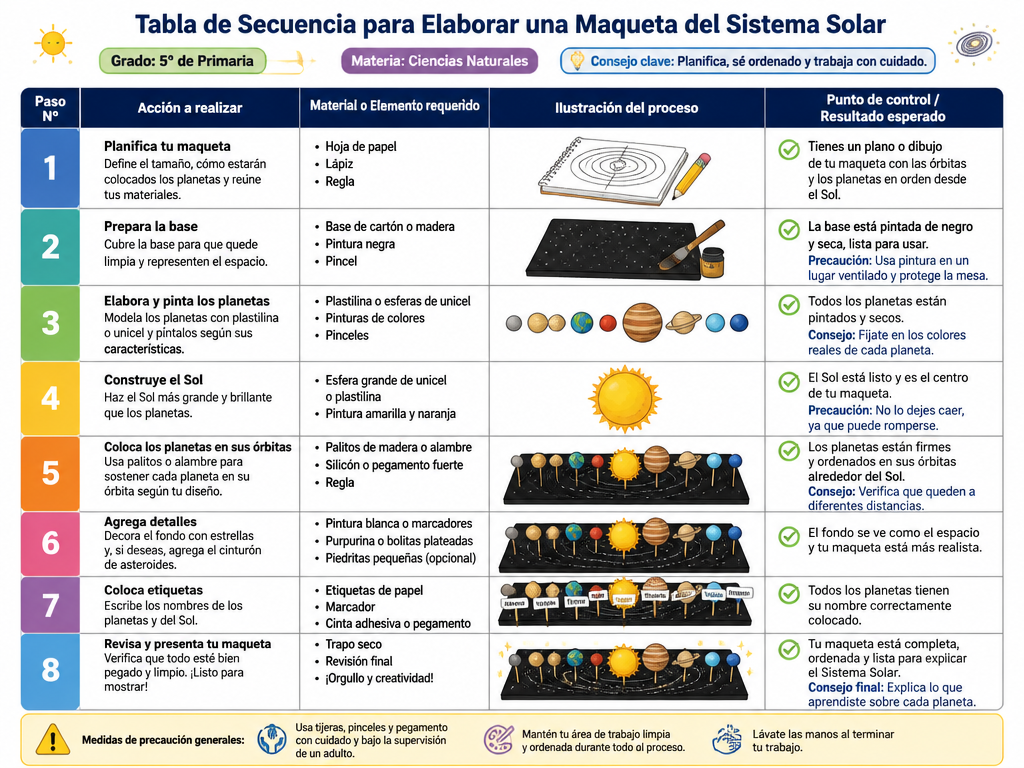 Tabla de Secuencia para Elaborar una Maqueta del Sistema Solar