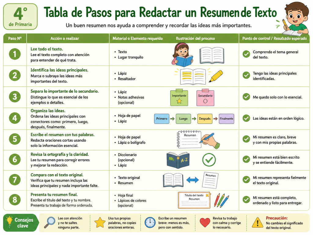Tabla de Pasos para Redactar un Resumen de Texto