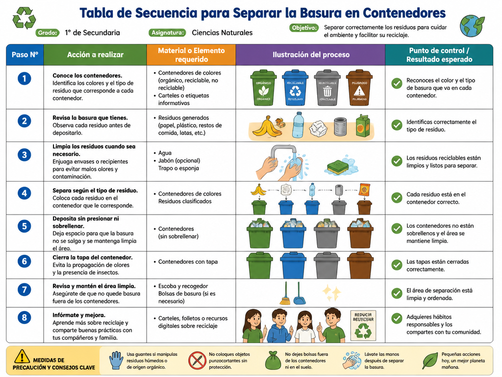Tabla de Secuencia para Separar la Basura en Contenedores