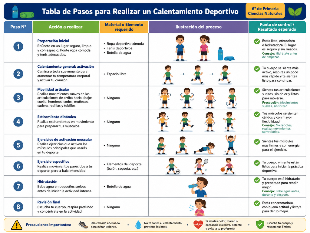 Tabla de Pasos para Realizar un Calentamiento Deportivo