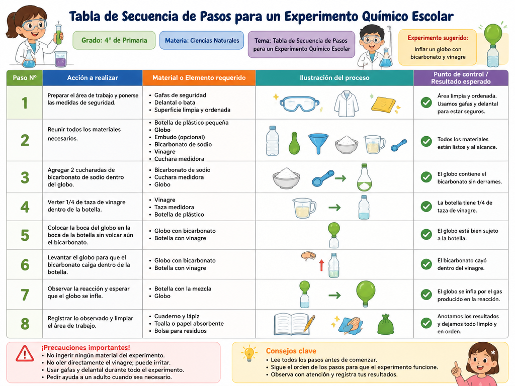 Tabla de Secuencia de Pasos para un Experimento Químico Escolar